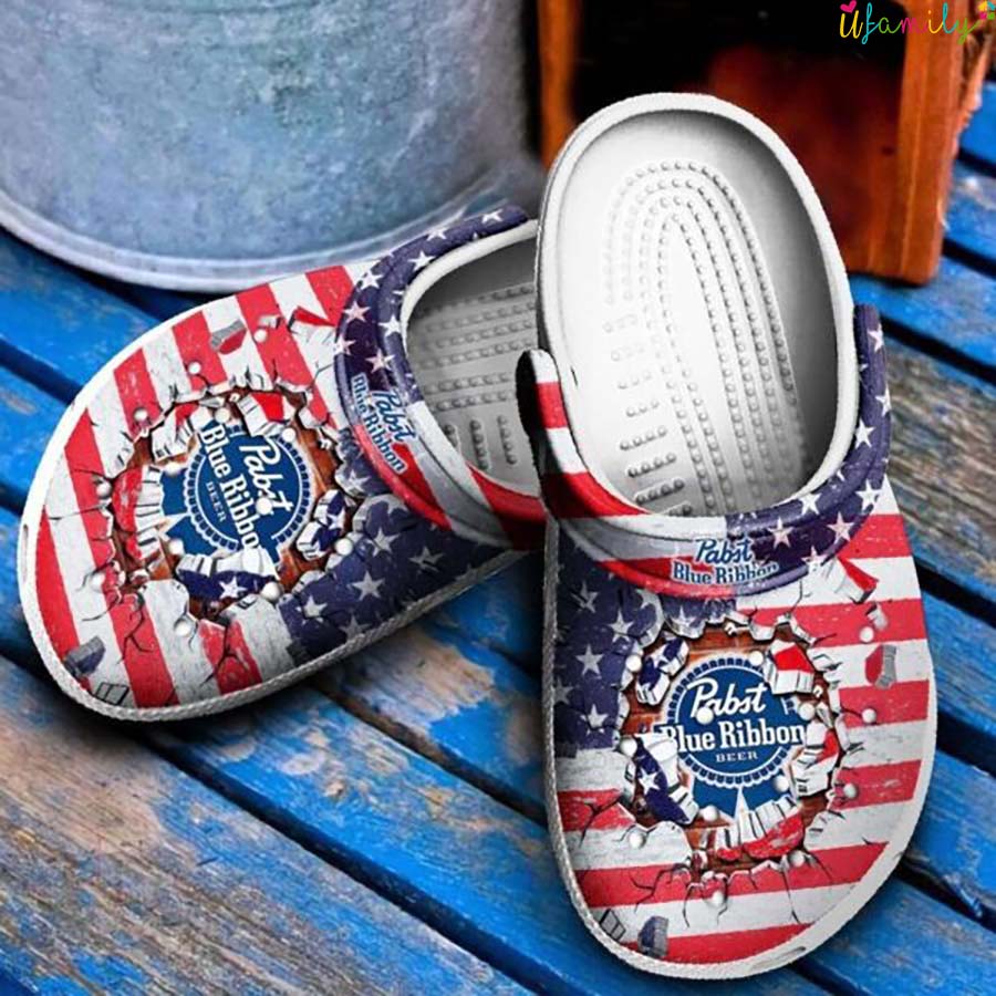 Pabst Blue Ribbon Beer Cracks American Flag Crocs