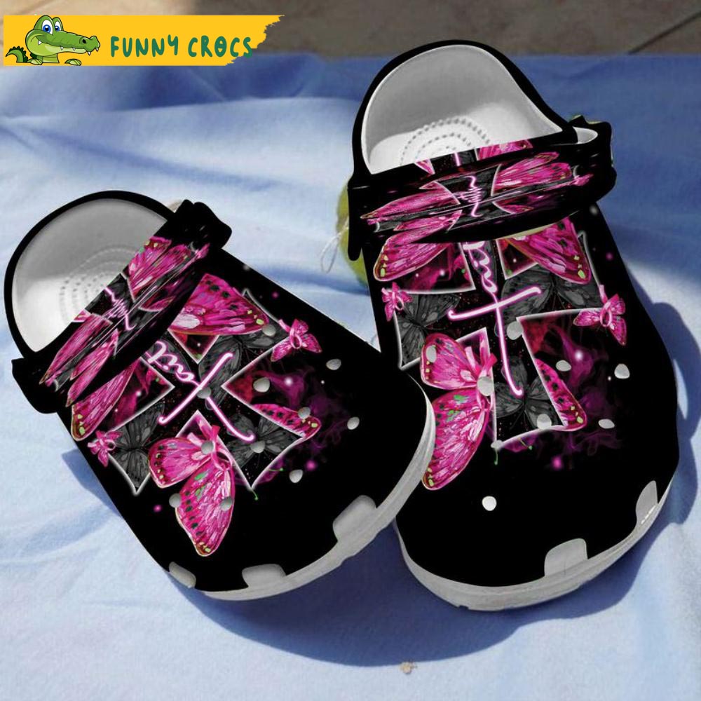 Cross Faith Breast Cancer Butterfly Crocs