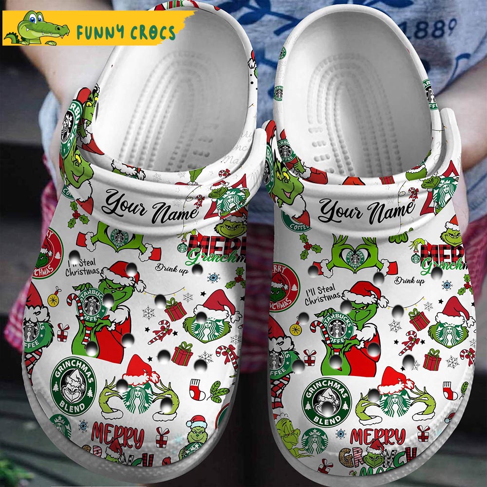 Personalized Christmas Grinch Starbucks White Crocs