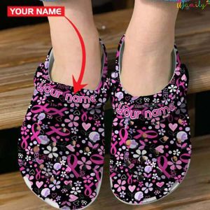 Pink Ribbon Floral Pattern Custom Name Crocs