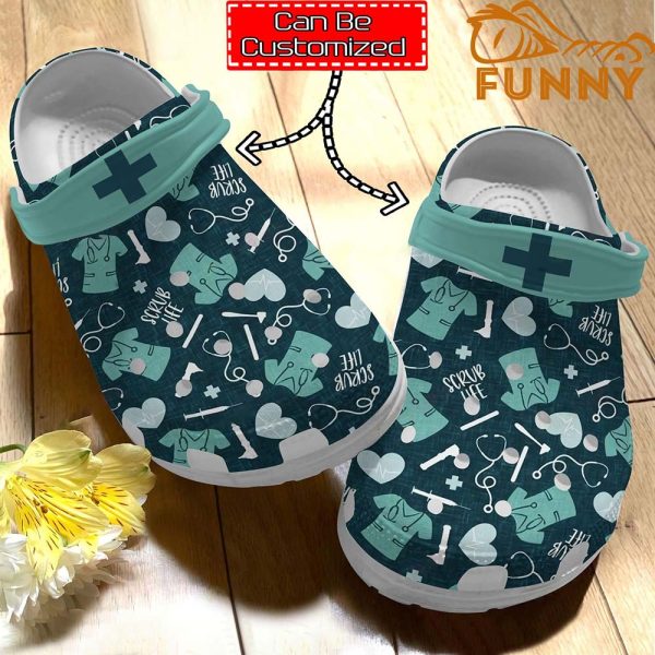 Personalized Nurse Scrub Life Pattern Green Crocs