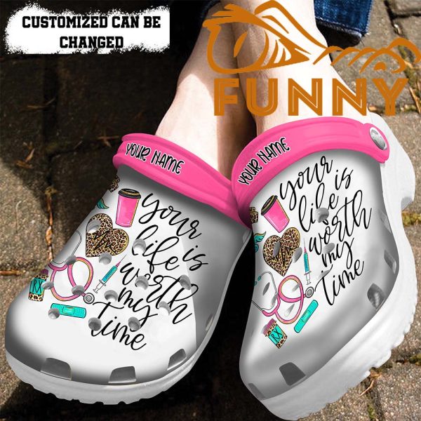 Personalized Your Life Is Worth My Time Nurse Leopard Crocs Classic Clog