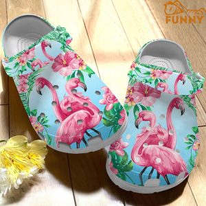 Flamingo Couple Pink Hibiscus Flower Crocs