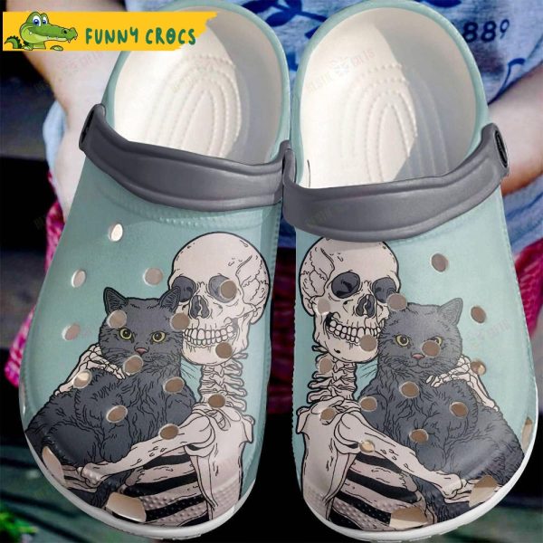 Skeleton Holding A Black Cat Crocs