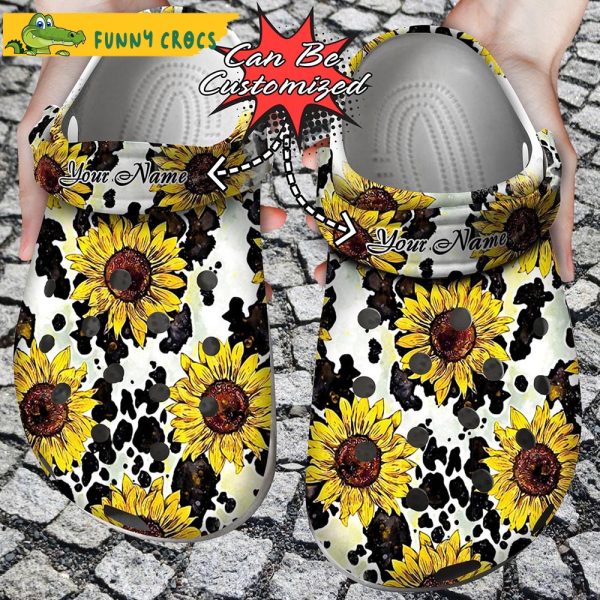 Personalized Cow Print Sunflower Crocs