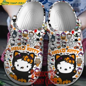 Black Hello Kitty Halloween Pattern White Crocs 2